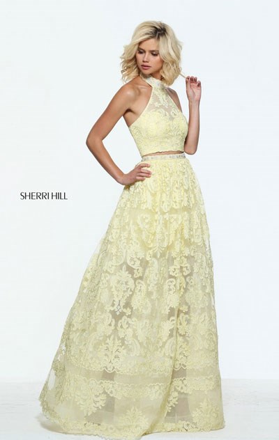 Beaded Embellishments Yellow Lace Applique Sleeveless 2017 Two Piece Sherri Hill 51020 Halter High Neckline Long Evening Gown
