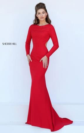 Red Open Back Scoop Neckline 2016 Long Sleeves Long Satin Evening Gown