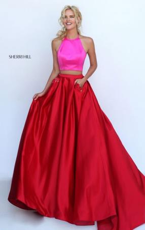 Fuchsia Red Two Piece Halter Neckline Sherri Hill 50219 Long Satin Prom Dresses 2016 Floral Pockets