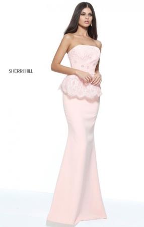Sherri Hill 51213 Strapless Open Back 2017 Scalloped Lace Blush Beaded Bodice Straight Neck Long Crepe Evening Gown