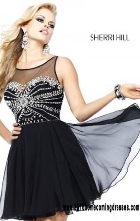Sherri Hill 11034 V-Back Beaded Bodice Sheer Black Silver Short Layered Homecoming Dresses Online 2016