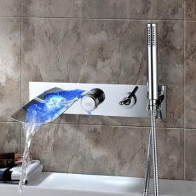 Chrome Finish Color Changing Wall Mount Tub Faucet With Hand Shower--Faucetsdeal.com