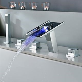 Three Handles Five Holes Chrome Brass Personalized Contemporary LED Waterfall Bathtub Faucet--Faucetsdeal.com