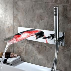 Chrome Finish Color Changing Wall Mount Tub Faucet With Hand Shower--Faucetsmall.com