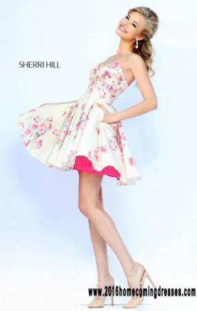 2016 Sweetheart Neck Bodice White Pink Short Floral Printed Cocktail Dresses Custom Sherri Hill 32246 Strapless