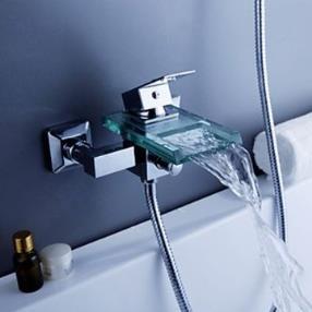 Contemporary Waterfall Chrome Tub Faucet with Glass Spout - Wall Mount--Faucetsmall.com