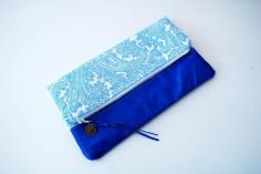 Blue leather and Cotton foldover bag