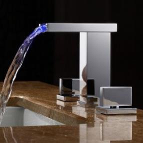 Two Handles LED Hydroelectric Waterfall Bathroom Sink Faucet  At FaucetsDeal.com