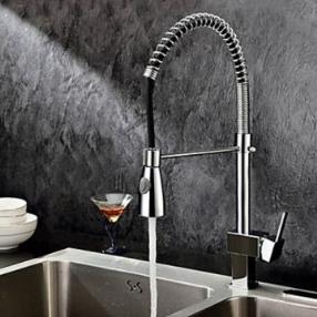 Single Handle Solid Brass Spring Pull Down Kitchen Faucet - Chrome Finish--Faucetsmall.com