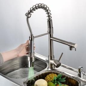 Contemporary Nickel Brushed Finish Single Handle LED Pull-out spout Kitchen Faucet--Faucetsdeal.com