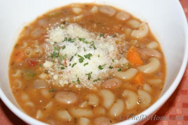 Pasta e fagioli or pasta fagioli, meaning - pasta and beans, is a traditional vegetarian (meatless) Italian soup. This soup is packed with goodness of vegetables and hearty tasty beans. 