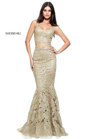 Gold Beaded Embellishments 2017 Two Piece Sweetheart Neckline Sherri Hill 51192 Sleeveless Long Lace Mermaid Dresses