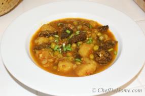 Sharing with you today - recipe of Indian Potato Curry with Green Peas and Morels (Dried Mushroom Variety). 