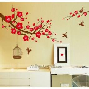 Plum Tree Flower With Birds and Birdcage Wall Stickers
