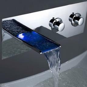 LED Hot And Cold Copper Temperature Control Waterfall Bathroom Sink Faucet--Faucetsdeal.com