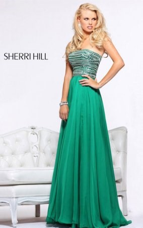 Empire Sherri Hill 1539 With Beads Emerald A-Line Square Chiffon Prom Dress