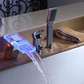 Color Changing LED Hydropower Waterfall Widespread Tub Faucet with Hand Shower--Faucetsmall.com