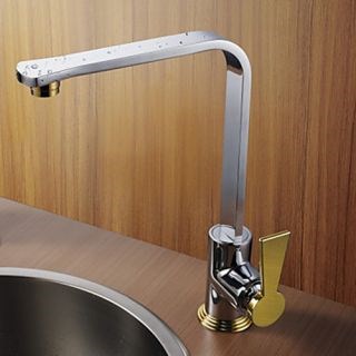 Chrome Finish Modern Design Gold Handle Right Angled Heightening Kitchen Faucet--FaucetSuperDeal.com