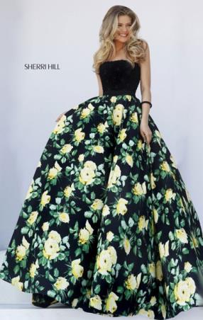 2016 Strapless Open Back Black Straight Neckline Long Floral Printed Evening Dresses
