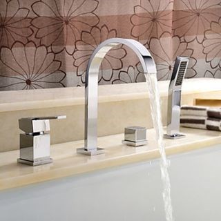 Chrome Finish Contemporary Two Handles Widespread With Brass Handled Shower Head Tub Faucet--FaucetSuperDeal.com