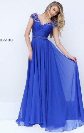 V Neckline Cap Sleeves Applique Royal 2016 Beaded Sherri Hill 50211 Long Chiffon Evening Dresses