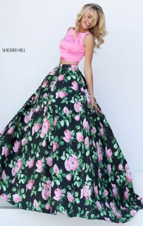 High Neckline Pink Black Two Piece Sleeveless Floral Printed 2017 Long A Line Prom Dresses