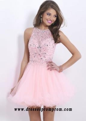 High Neck Pink Beaded Bodice Open Back Tulle Party Dress