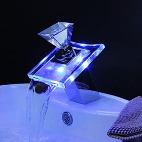 Color Changing LED Waterfall Bathroom Sink Faucets (Glass Handle)--FaucetSuperDeal.com