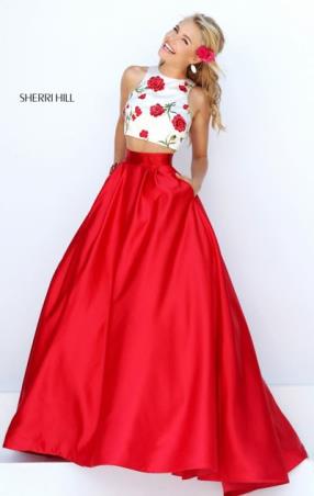 Ivory Red Scoop Neckline Sherri Hill 50232 Floral Printed Long Satin Evening Gown 2016 Two Piece