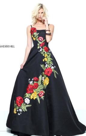 Black Multi Floral Printed Patterned Sherri Hill 50830 Sleeveless Straight Neckline 2017 Long Taffeta Prom Dresses