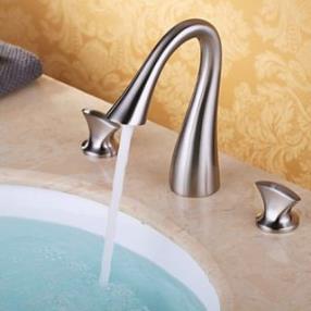 Two Handles Nickel Brushed Waterfall Bathroom Sink Faucet--Faucetsdeal.com
