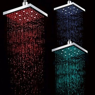8 INCH Chrome Finish Rectangular Temperature-Controlled 3 Colors LED Shower Rainfall Shower Faucet--Faucetsmall.com