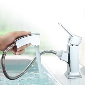 Contemporary Pullout Spray Chrome Finish Brass One Hole Single Handle Sink Faucet--Faucetsmall.com