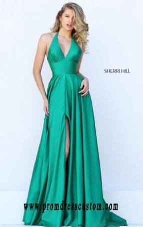 Emerald Halter V-Neck Bodice Long Slit Prom Dresses Sherri Hill 50403 Open-Back