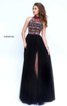 Embroidery Black Multi Tulle Prom Dress In 2017 Sherri Hill 50141 High Neck