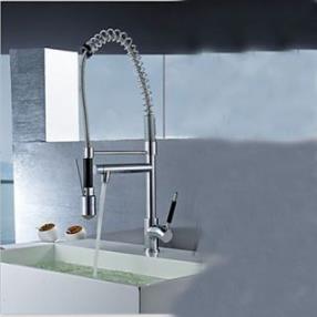 Contemporary Single Handle Chrome Finish Pull-Out Spray LED Kitchen Faucet with 3 Color Changing--Faucetsdeal.com