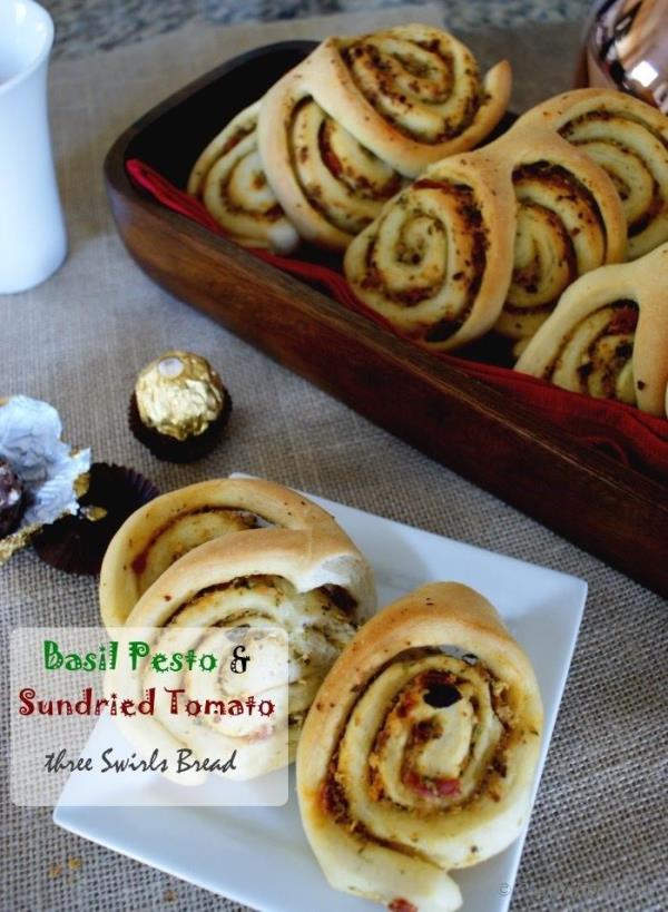 Mere looking at this bread makes me hungry!! Who will say no to these warm, fragrant and nutty, three-swirl breakfast bread rolls? At-least I cannot!! I am a big basil pesto fan. 