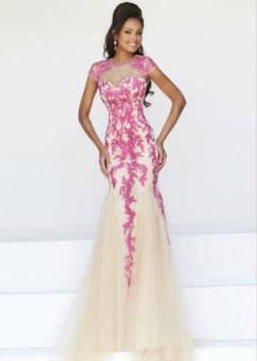 Sherri Hill Floral Embroidered Top Tulle Dress  At www.promgowndiscount.com