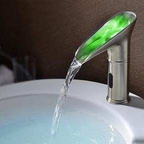 Single Handle Automatic 3 Color Changing LED Nickel Brushed Bathroom Sink Faucet--Faucetsdeal.com