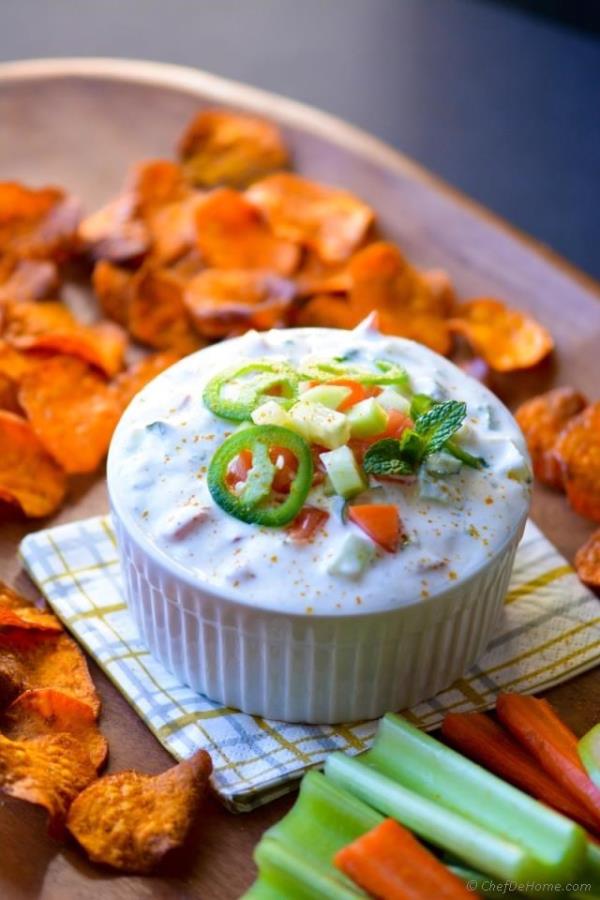Loaded Raita Dip with Curry Dusted Sweet Potato Chips Recipe - ChefDeHome.com