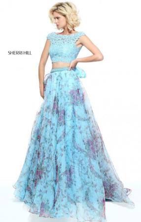 2017 Blue Two Piece Beaded Embellishments Printed Sherri Hill 51176 Lace Cap Sleeves Long Organza Prom Dresses
