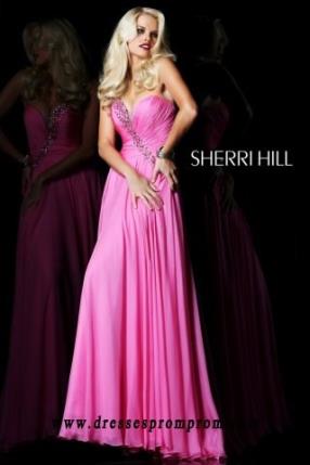 Cheap Sherri Hill Pink Plunging Sweetheart Hand Pleated Evening Dress