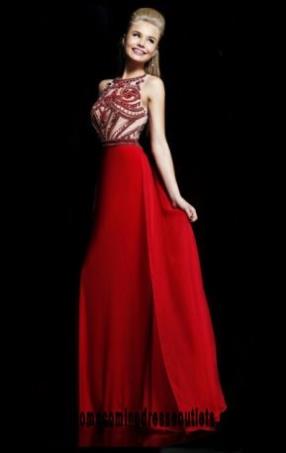 2016 Cheap Scoop-Neck Red Nude Beaded Sherri Hill 11069 Bodice Long Slim Prom Dresses Custom