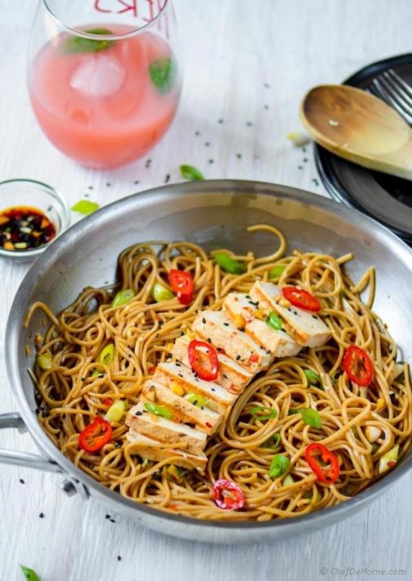 Sesame Chili Garlic Noodles with Grilled Tofu Recipe - ChefDeHome.com