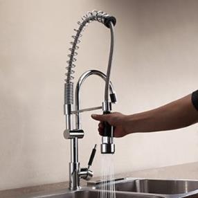 Contemporary Chrome Finish One Hole Single Handle Pullout Spray Deck Mounted Kitchen Faucet--Faucetsmall.com