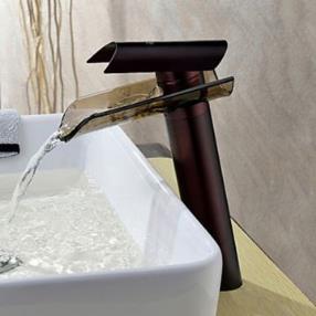 Oil Rubbed Bronze Waterfall Bathroom Sink Faucet with Glass Spout--Faucetsmall.com