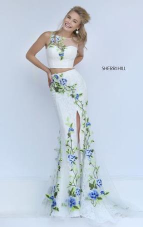 2016 Two Piece Lace Applique Boat Neckline Sherri Hill 50198 Floral Printed Ivory Multi Long Evening Dresses