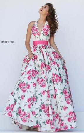 Halter V Neckline Floral Printed Open Back 2017 Ivory Pink Sleeveless Long Evening Dresses