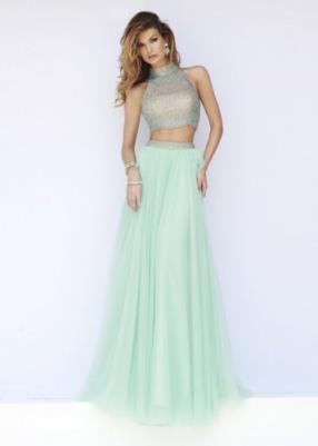 Two Piece High Halter Neck Beaded Flowing Mint Sherri Hill 11220 At www.darlingpromgown.com