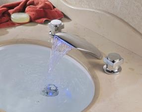 Two Handles Chrome Finish Color Changing LED Bathtub Waterfall Faucet--Faucetsdeal.com